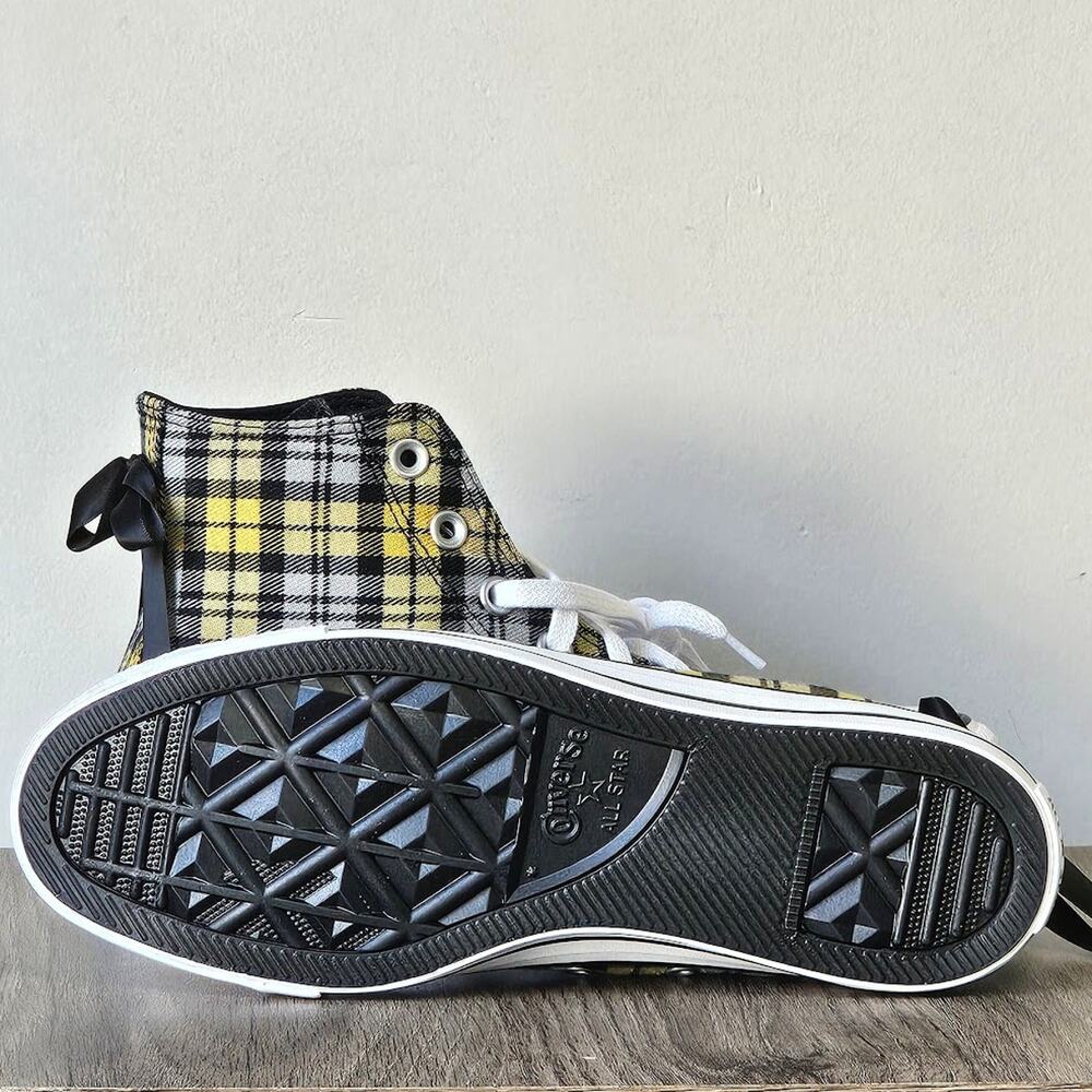 Converse Women's CTAS Plaid Ribbon hi Tops Size 7.5 Yellow Black A16518F NWT - Picture 5 of 6